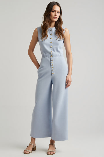 Sheath Blue Long Jumpsuit with Buttons